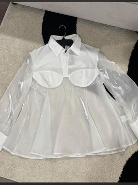 SHEIN White Sheer Bustier Layered Long Sleeve Blouse